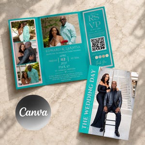 Könnte beinhalten: Eine dreifach gefaltete Hochzeitseinladung und eine separate Karte mit türkisfarbenen und roségoldenen Akzenten. Die Einladung zeigt Fotos eines Paares, den Text Edward & Laraysa, das Datum 02. April 2027, einen QR-Code und einen Dresscode.