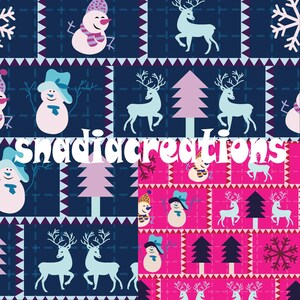 May include: A seamless pattern featuring a winter holiday theme with blue, pink, and white snowmen, reindeer, and pine trees on a dark blue and pink background.