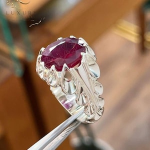 Natural Ruby Ring for Men  Handmade 925 Sterling Silver Engraved Signet Ring, Ruby Statement Ring