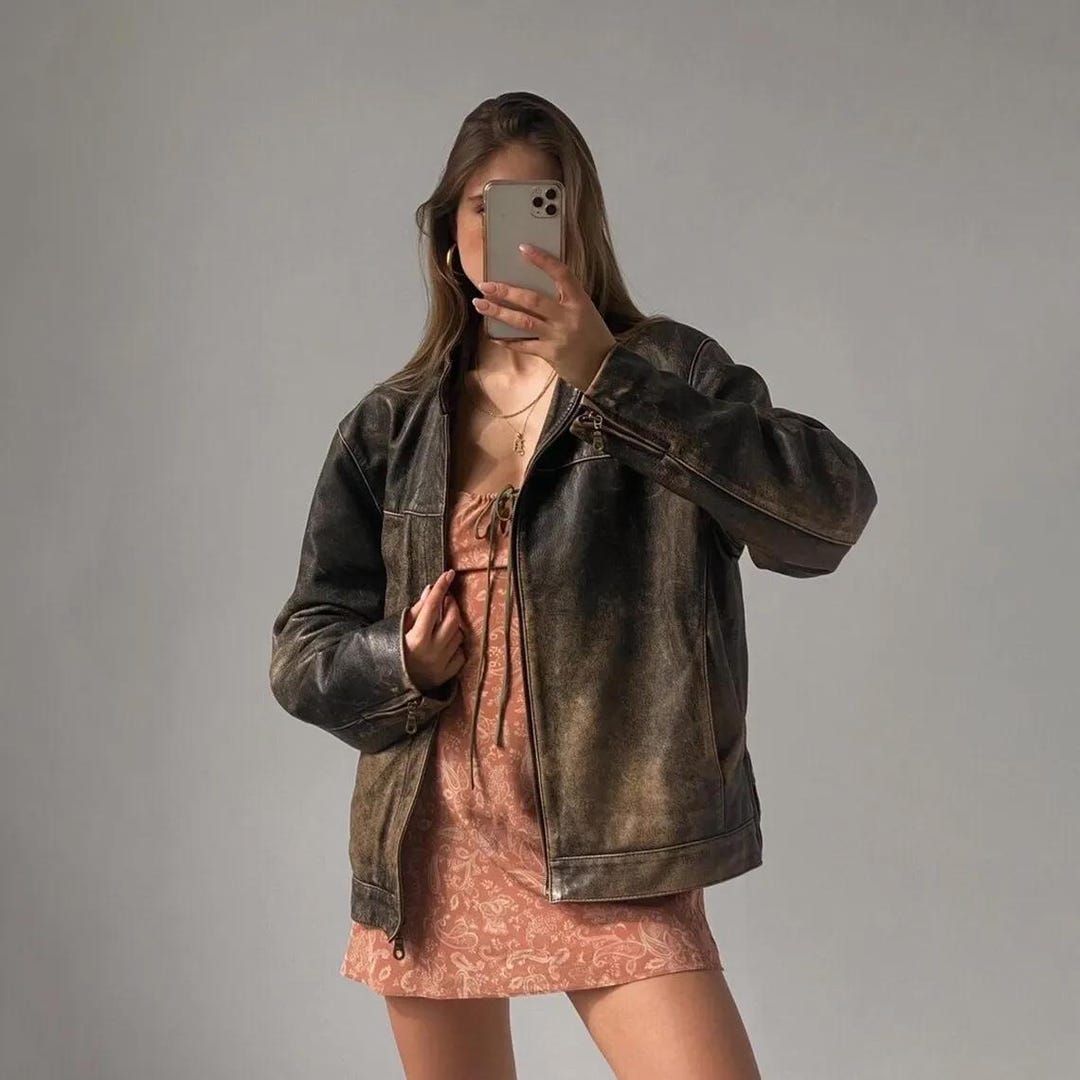 ジャケット・アウター 90-00s vintage lamb leather jacket 90s Vintage Lamb Leather Bomber Jacket: Oversized Biker Jacket