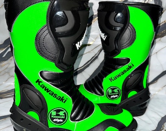 Kawasaki Racing Motorcycle Boots | Men's Green & Black Sportbike Riding Gear | MotoGP Inspired Protective Boots