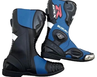 Suzuki-stijl motorracelaarzen blauw | Sportieve motorschoenen | Beschermende motorlaarzen voor heren | Motorrace-uitrusting