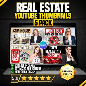 Puede incluir: Una pantalla de portátil muestra miniaturas de YouTube de bienes raíces. El texto incluye "Real Estate YouTube Thumbnails 5 Pack", "$1M House Tour" y "Don't Buy Until You See This!". El diseño también presenta una insignia de "Premium Quality" y una calificación de 5 estrellas.
