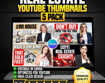 Real Estate YouTube Thumbnail Pack – 5 High-Click Canva Templates for Realtors & Property Tours