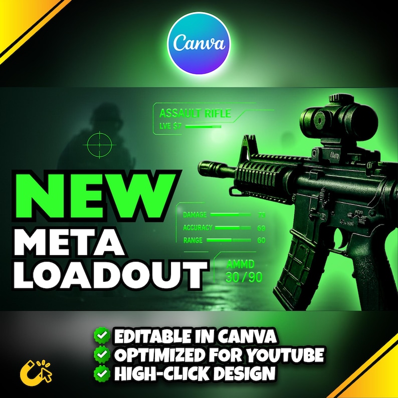Puede incluir: Un gr&aacute;fico digital con un rifle de asalto negro, una combinaci&oacute;n de colores verde y negro y el texto "NEW META LOADOUT". La imagen incluye el logotipo de Canva y el texto "EDITABLE IN CANVA, OPTIMIZED FOR YOUTUBE, HIGH-CLICK DESIGN."