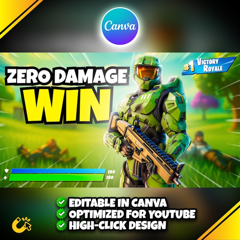 Puede incluir: Gr&aacute;fico digital con un personaje con armadura verde sosteniendo un arma, sobre un fondo borroso al aire libre. El texto "ZERO DAMAGE WIN" est&aacute; en letras amarillas grandes. El logotipo de Canva est&aacute; en la parte superior central, con texto que indica que el dise&ntilde;o es editable y optimizado para YouTube.