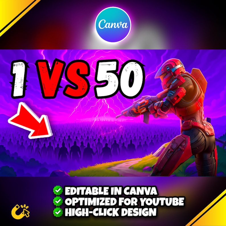 Puede incluir: Gr&aacute;fico digital con el texto "1 VS 50" en blanco y rojo, que presenta a un soldado futurista apuntando con un arma. La imagen incluye el logotipo de Canva y el texto: "EDITABLE EN CANVA, OPTIMIZADO PARA YOUTUBE, DISE&Ntilde;O DE ALTO CLIC."