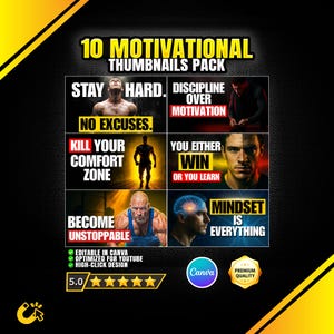 Könnte beinhalten: Ein Paket mit 10 Motivations-Thumbnails mit Sätzen wie "STAY HARD", "NO EXCUSES", "KILL YOUR COMFORT ZONE" und "MINDSET IS EVERYTHING". Das Design ist für YouTube optimiert und in Canva bearbeitbar. Premium-Qualität.