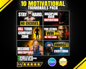 Motivation YouTube Thumbnail Templates | Discipline & Success Theme | High-CTR YouTube Thumbnails | Canva Editable