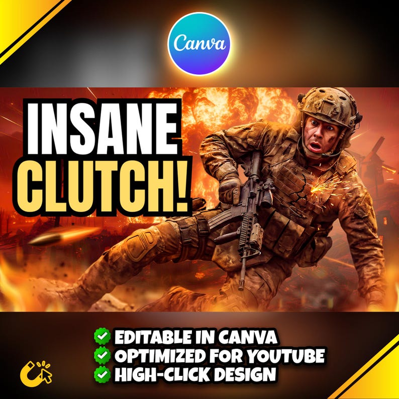 Puede incluir: Gr&aacute;fico digital con el texto "INSANE CLUTCH!" en letras blancas en negrita con un contorno amarillo. La imagen presenta a un soldado con equipo de combate en medio de una explosi&oacute;n. El logotipo de Canva est&aacute; en el centro superior, con el texto "EDITABLE EN CANVA, OPTIMIZADO PARA YOUTUBE, DISE&Ntilde;O DE ALTO CLIC."