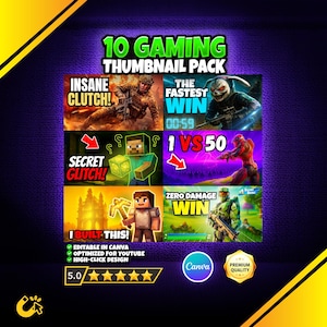 Puede incluir: Un paquete de 10 miniaturas de juegos con diversas escenas llenas de acción. Las miniaturas incluyen texto como "INSANE CLUTCH!", "THE FASTEST WIN", "SECRET GLITCH!", "1 VS 50", "I BUILT THIS!" y "ZERO DAMAGE WIN". Diseñado para YouTube y editable en Canva.