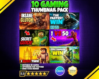 Gaming YouTube Thumbnail Templates | Pack of 10 Editable Canva  | Digital Download