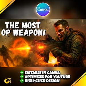 Puede incluir: Ilustraci&oacute;n digital de un soldado disparando un arma futurista con un rayo de energ&iacute;a naranja brillante. El texto "THE MOST OP WEAPON!" se muestra de forma destacada. El texto adicional indica que el dise&ntilde;o es editable en Canva y optimizado para YouTube.