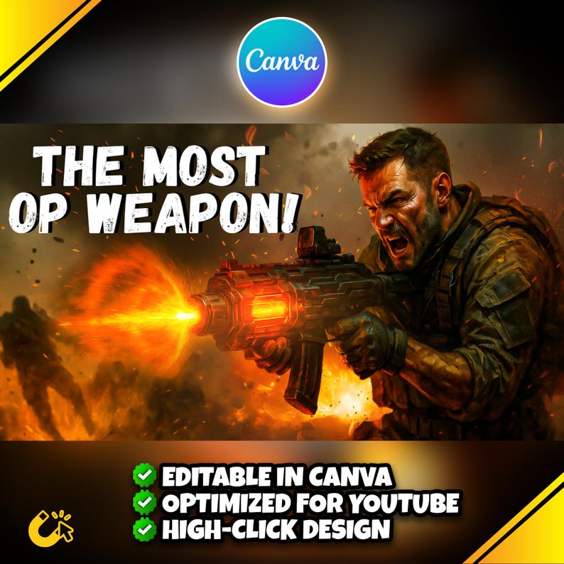 Puede incluir: Ilustraci&oacute;n digital de un soldado disparando un arma futurista con un rayo de energ&iacute;a naranja brillante. El texto "THE MOST OP WEAPON!" se muestra de forma destacada. El texto adicional indica que el dise&ntilde;o es editable en Canva y optimizado para YouTube.