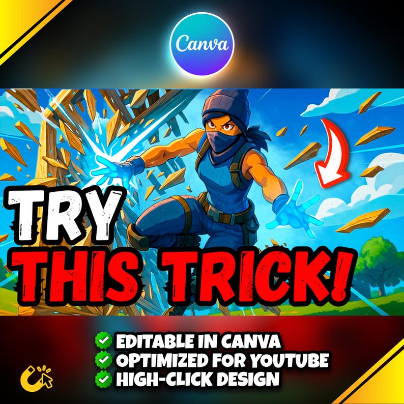 Puede incluir: Ilustraci&oacute;n digital con un personaje azul utilizando efectos de energ&iacute;a. El texto "TRY THIS TRICK!" es prominente, con el logotipo de Canva. Texto adicional: "EDITABLE IN CANVA", "OPTIMIZED FOR YOUTUBE" y "HIGH-CLICK DESIGN".