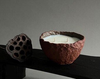 Handmade Ceramic Bowl Soy Candle: Wabi-Sabi Rustic Home Decor