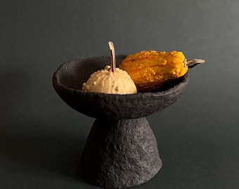 Made to order. Handmade Wabi-Sabi Black Ceramic Pedestal Bowl: Rustic Home Decor