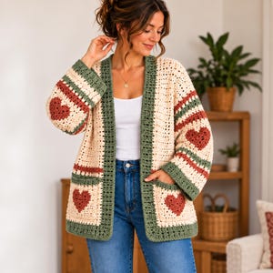 Heart Granny Square Cardigan Crochet Pattern, Cozy Patchwork Sweater PDF, Instant Digital Download