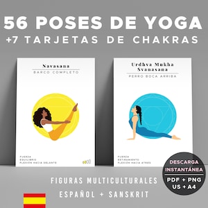 Tarjetas de posturas de yoga imprimibles - Edición Chakras - Español y sánscrito