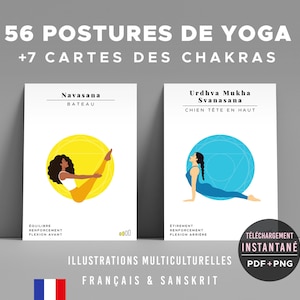 May include: Yoga pose illustrations featuring 56 postures and 7 chakra cards. The cards display figures in yoga poses, with text in French and Sanskrit. The illustrations are set against a gray background.
