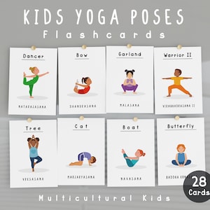 May include: A set of flashcards titled "KIDS YOGA POSES" featuring illustrations of children demonstrating yoga poses. The cards include poses like Dancer, Bow, Garland, and Warrior II. The set includes 28 cards and is labeled "Multicultural Kids".