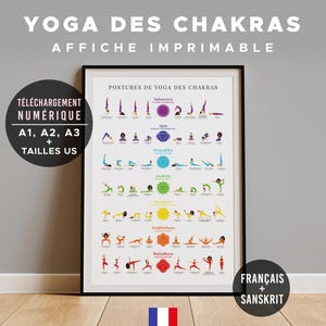 Afdrukbare poster chakra-yogahoudingen – Frans en Sanskriet – 56 houdingen met multiculturele figuren