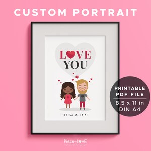 Ilustración de retrato personalizada. Ilustración de pareja. PDF imprimible en tamaño carta de EE. UU. y A4. Perfecto para regalar. Regalo de San Valentín. Regalo original