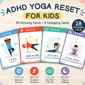 Puede incluir: Un conjunto de 28 tarjetas de actividades imprimibles ADHD Yoga Reset for Kids con cuatro categorías: Focus, Move, Calm y Reset. Cada tarjeta muestra una ilustración colorida de un niño realizando una postura de yoga, incluyendo Tree, Side Plank, Sphinx y Eyes Rest, junto con texto instructivo y duraciones para cada actividad.
