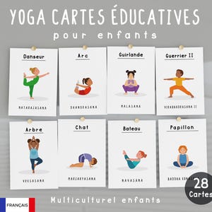 Può includere: Un set di otto carte di yoga educative per bambini, ognuna con una posa diversa illustrata. Le carte sono appuntate su uno sfondo grigio e contengono il testo "YOGA CARTES ÉDUCATIVES pour enfants". Il set include 28 carte.
