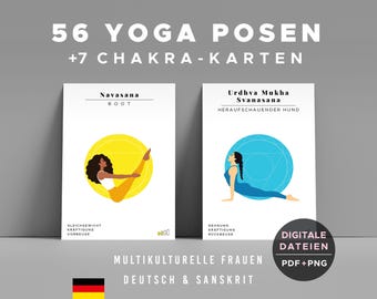 May include: Two white cards with yoga poses, one with a woman in a yellow circle and the other with a woman in a blue circle. The text on the cards reads "56 YOGA POSEN +7 CHAKRA-KARTEN" and "DIGITALE DATEIEN PDF+PNG".
