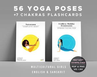 Ausdruckbare Yoga Posen & Chakra Karteikarten | 64 Yoga-Lernkarten in Englisch und Sanskrit