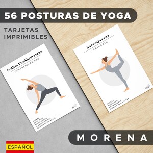 Tarjetas didácticas de posturas de yoga - Archivo PDF imprimible A4 con líneas de corte - Tamaño de la tarjeta: 9 x 13 cm / 3,54 x 5,12 pulgadas - Sánscrito y español - MODELO MORENA