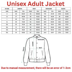 May include: A chart detailing measurements for a unisex adult jacket, including length, bust, shoulder, and sleeve sizes in inches and centimeters. The chart includes sizes from S to 5XL. A jacket diagram illustrates measurement points.
