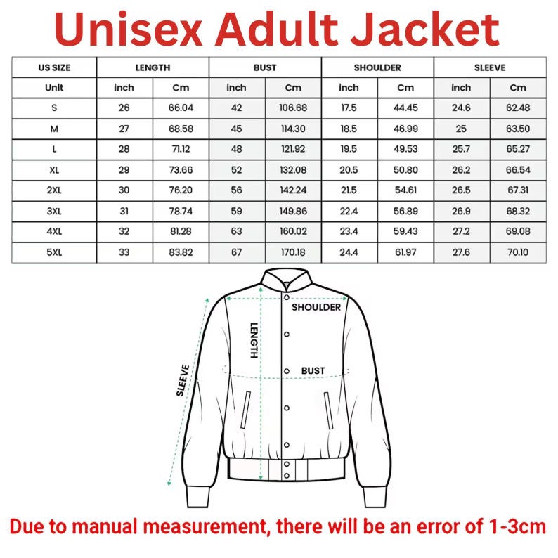 May include: A chart detailing measurements for a unisex adult jacket, including length, bust, shoulder, and sleeve sizes in inches and centimeters. The chart includes sizes from S to 5XL. A jacket diagram illustrates measurement points.