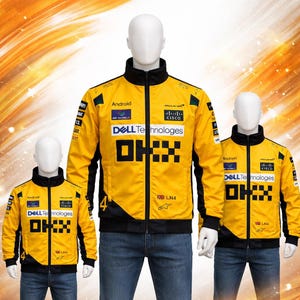 May include: Three yellow and black racing jackets on mannequins. The jackets have multiple sponsor logos, including "Android", "Dell Technologies", and "Cisco". The jackets have a black collar and cuffs, and the number "4" is visible on the sleeve.