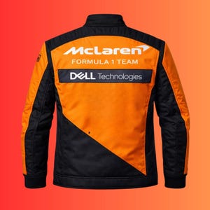 May include: Orange and black McLaren Formula 1 Team jacket. The jacket features the McLaren logo and the Dell Technologies logo. The jacket has a stand-up collar and a quilted design on the sleeves.