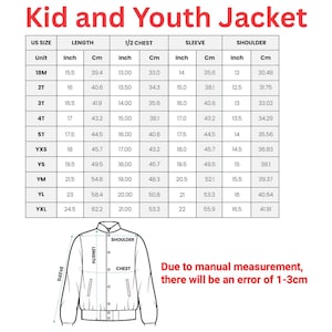 May include: A size chart for kid and youth jackets, with measurements in inches and centimeters. The chart includes sizes from 18M to YXL, detailing length, chest, sleeve, and shoulder dimensions. Text at the bottom states, "Due to manual measurement, there will be an error of 1-3cm."