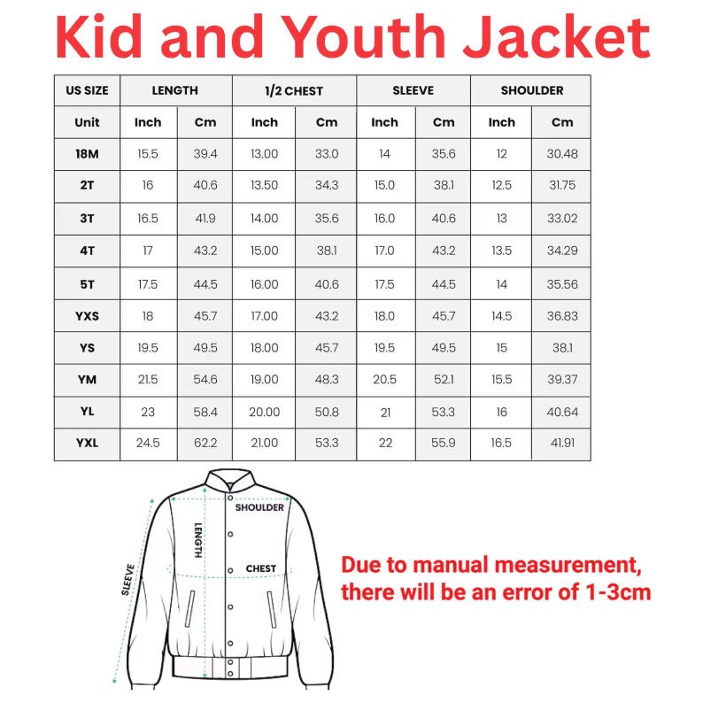 May include: A size chart for kid and youth jackets, with measurements in inches and centimeters. The chart includes sizes from 18M to YXL, detailing length, chest, sleeve, and shoulder dimensions. Text at the bottom states, "Due to manual measurement, there will be an error of 1-3cm."