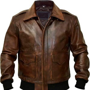 Men&#39;s Distressed Brown Sheepskin Leather Aviator Bomber Jacket