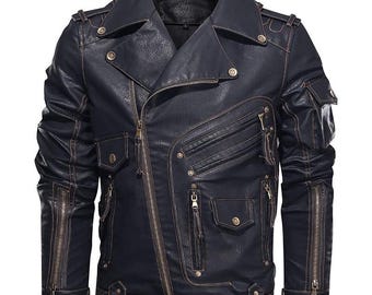 Handmade Black Cowhide Leather Biker Jacket - Moto Style