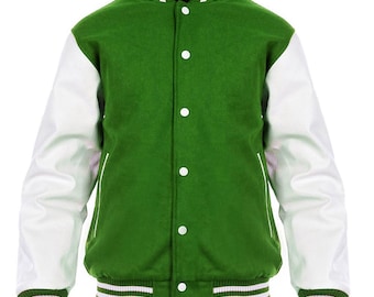 Varsity Letterman Baseball Bomber Jacket, 100% Melton Wool Body Cowhide Leather Sleeves Navy Blue Red Color