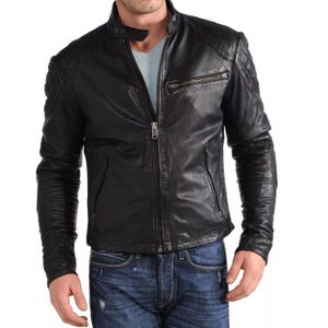Blouson moto homme en cuir d&#39;agneau : manteau motard noir coupe slim
