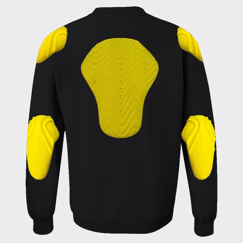 May include: Black sweatshirt with yellow protective padding on the shoulders, elbows, and back. The padding is a bright yellow color and has a textured design. The sweatshirt is a crew neck style.