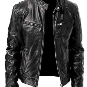 Blouson moto homme en cuir d&#39;agneau coupe slim : manteau motard noir
