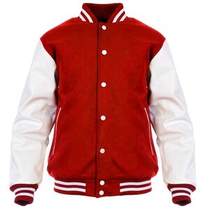 Red and White Varsity Jacket Classic Letterman Style Premium Wool and Leather Sportswear Vintage College Bomber