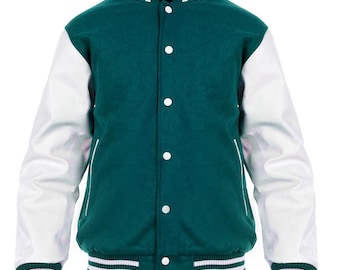 Teal and White Varsity Jacket: Wool & Leather Letterman Bomber