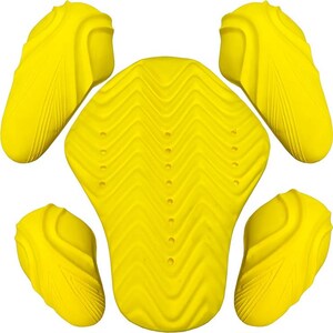 May include: Bright yellow protective armor set, including a back protector and four limb protectors. The pieces have a textured surface with a ribbed design and are designed to absorb impact. The set is likely for motorcycle or sports use.