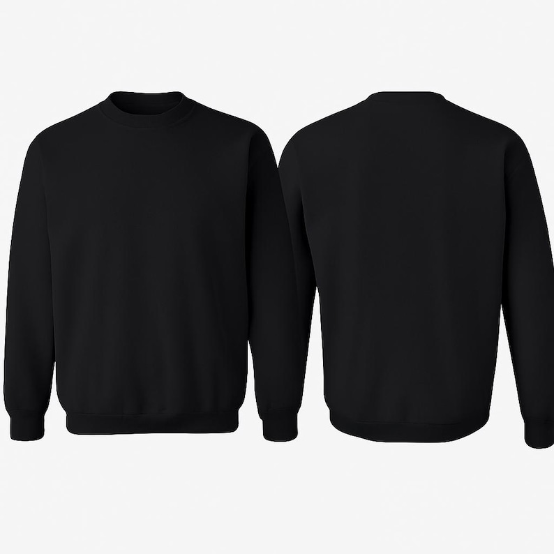 May include: Two black crewneck sweatshirts are displayed. The front view shows the full sweatshirt, while the back view is also visible. The sweatshirts have long sleeves and a classic, simple design. The fabric appears to be a soft, comfortable material.