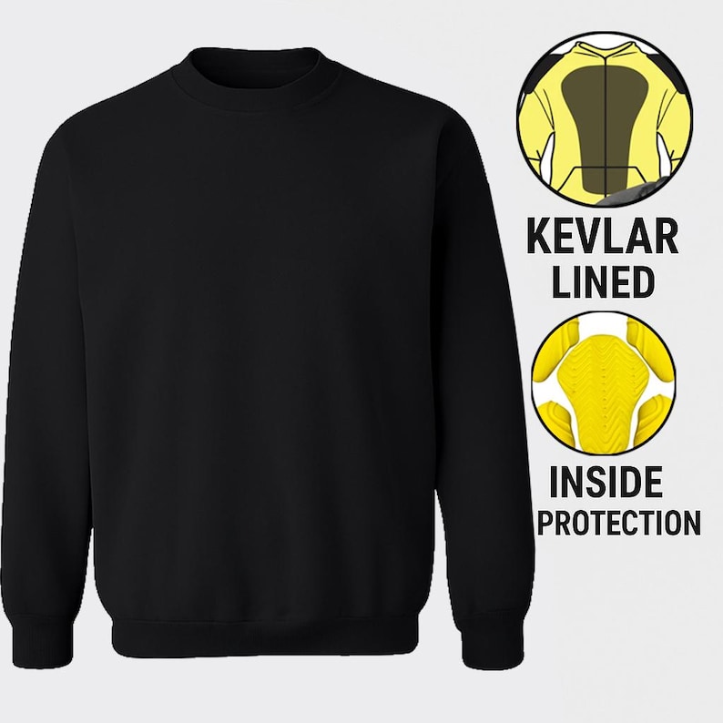 May include: Black crew neck sweatshirt with the words "KEVLAR LINED" and "INSIDE PROTECTION" in white text. Two circular illustrations show the inside of the sweatshirt with yellow and black protective padding.