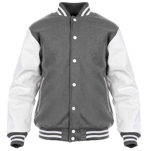 Gray and White Varsity Jacket Classic Letterman Bomber Premium Wool and Leather College Sportswear Vintage Baseball Jacket